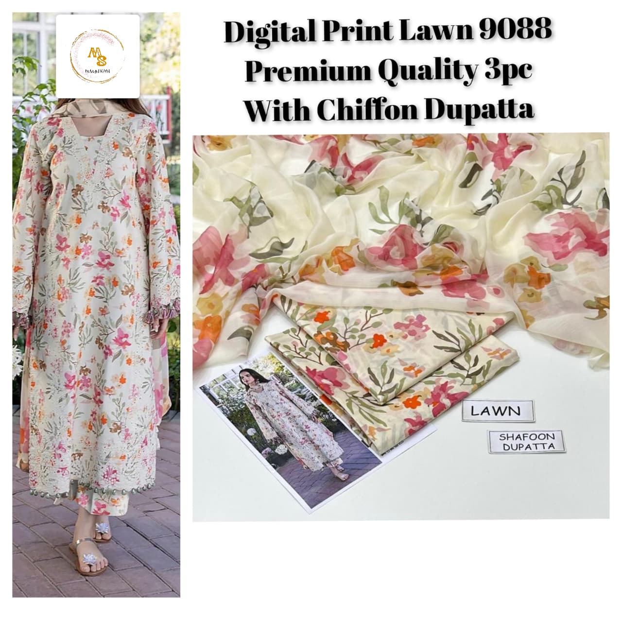 MaxyShine Summer Season 2025 Digital Lawn 3PC Suit – Airjet Lawn with Soft Chiffon Dupatta